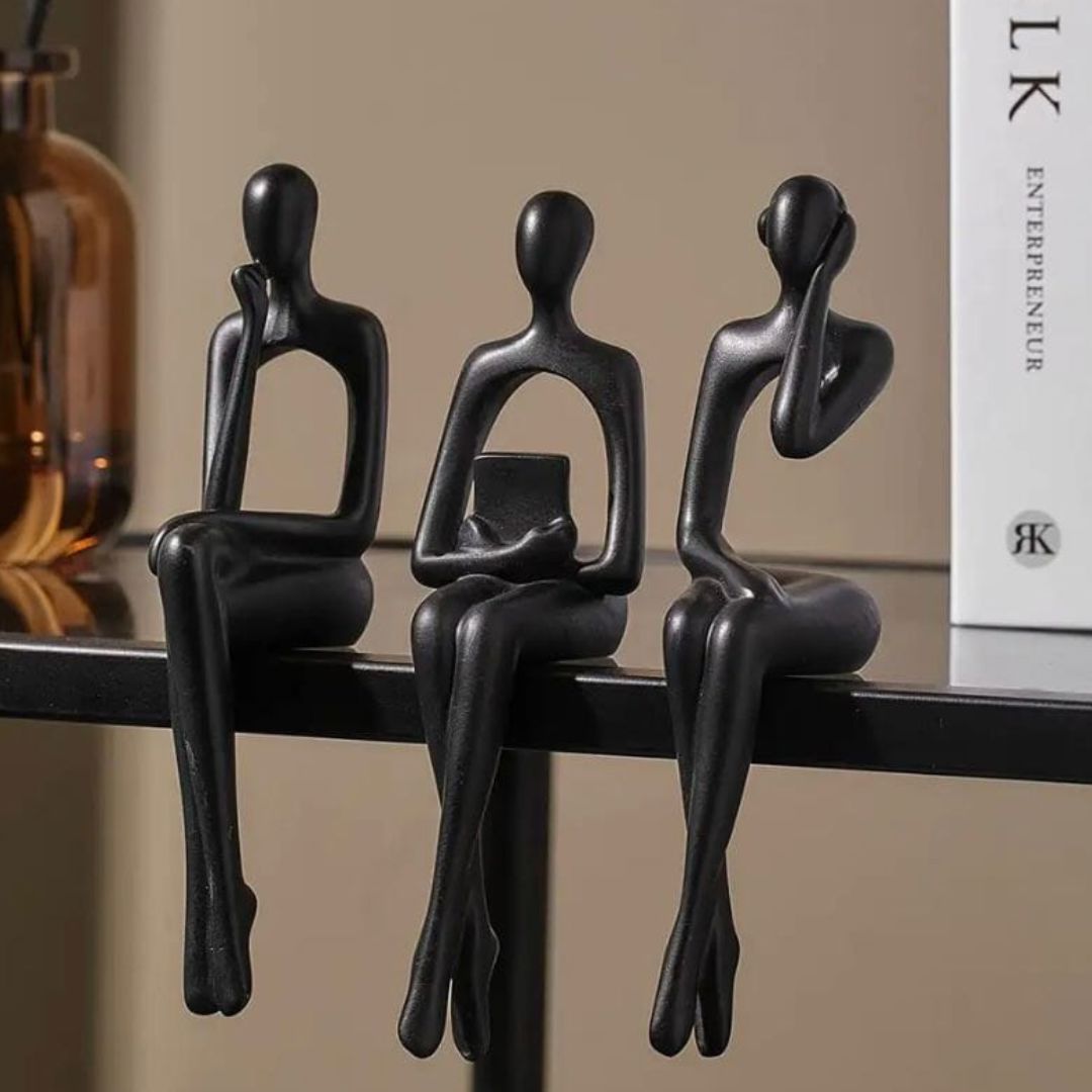 Escultura Decorativa Abstrata Pensador Contemporâneo (Kit 03 Unidades) Resina - 0013 Conceito Preto 