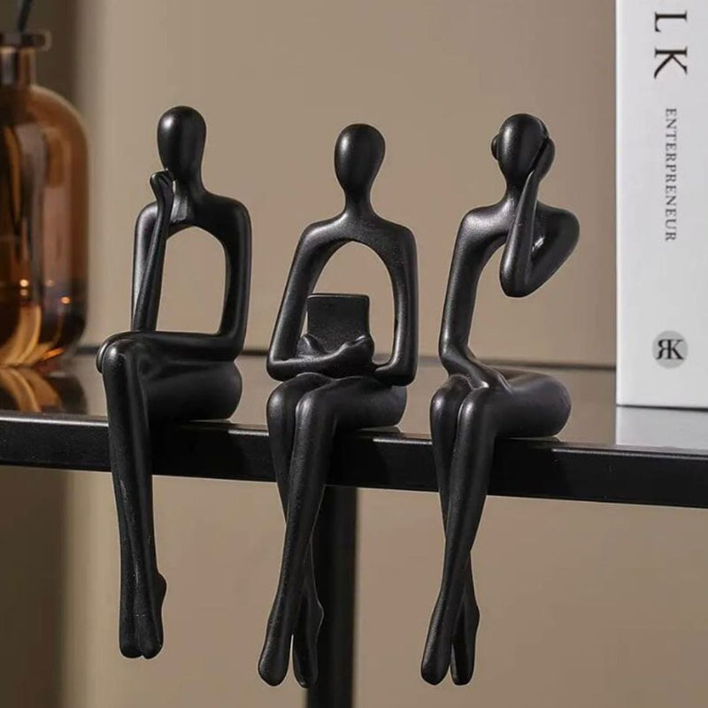 Escultura Decorativa Abstrata Pensador Contemporâneo (Kit 03 Unidades) Resina - 0013 Conceito Preto 