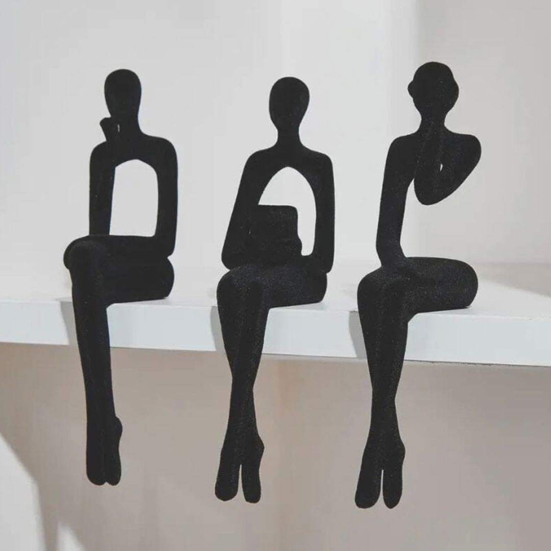 Escultura Decorativa Abstrata Pensador Contemporâneo (Kit 03 Unidades) Resina - 0013 Conceito Preto Aveludado 