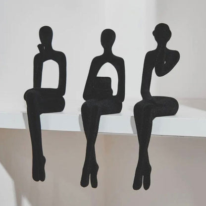 Escultura Decorativa Abstrata Pensador Contemporâneo (Kit 03 Unidades) Resina - 0013 Conceito Preto Aveludado 