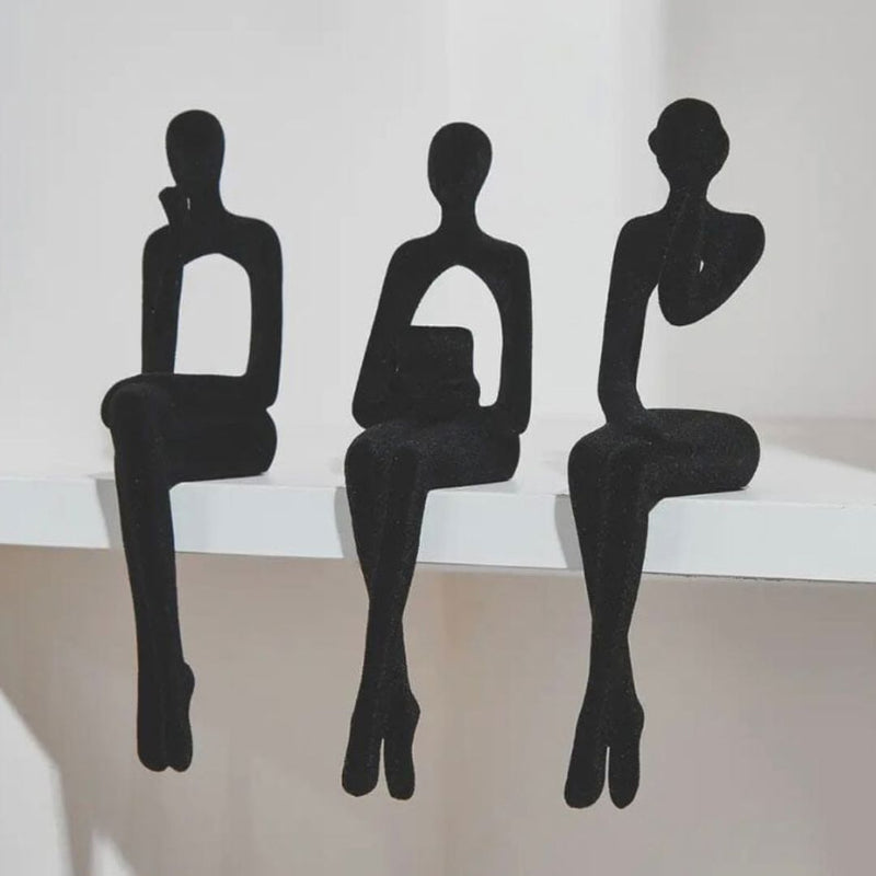 Escultura Decorativa Abstrata Pensador Contemporâneo (Kit 03 Unidades) Resina - 0013 Conceito Preto Aveludado 
