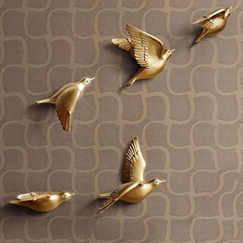 Escultura Família de Pássaros 3D (05 Unidades) Conceito Dourado 