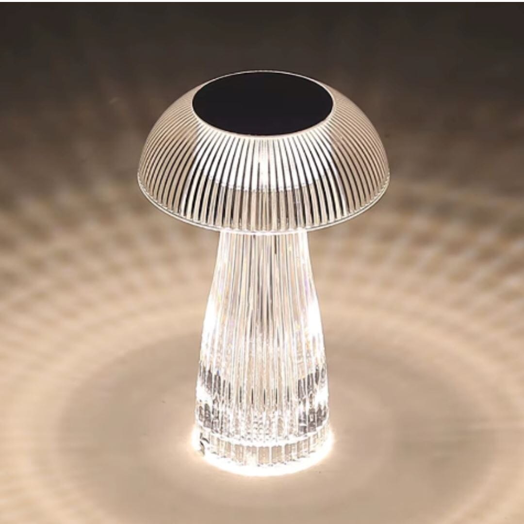 Luminária Abajur de Mesa Cogumelo em Cristal Sem Fio e Recarregável ### Conceito 