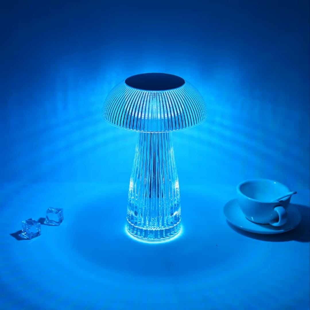 Luminária Abajur de Mesa Cogumelo em Cristal Sem Fio e Recarregável ### Conceito 