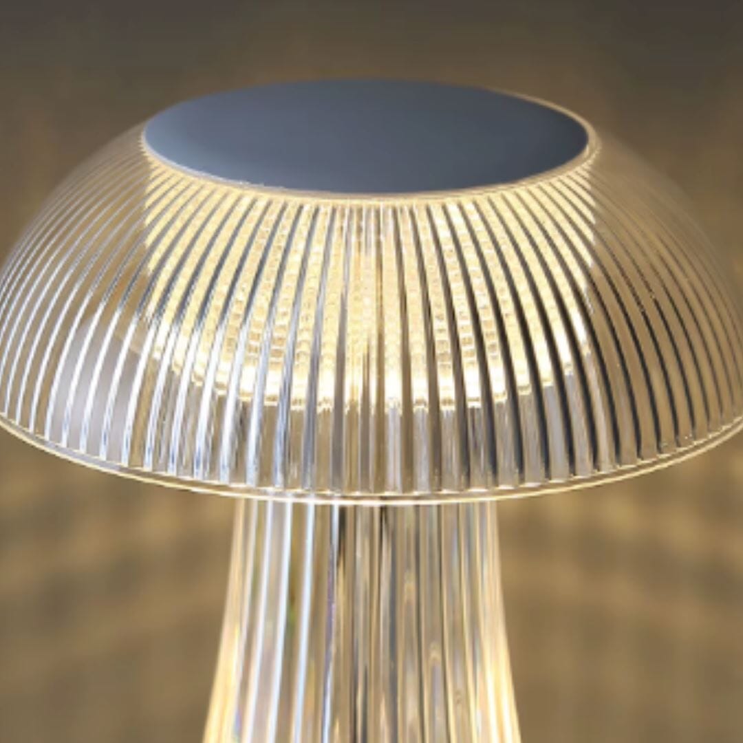 Luminária Abajur de Mesa Cogumelo em Cristal Sem Fio e Recarregável ### Conceito 