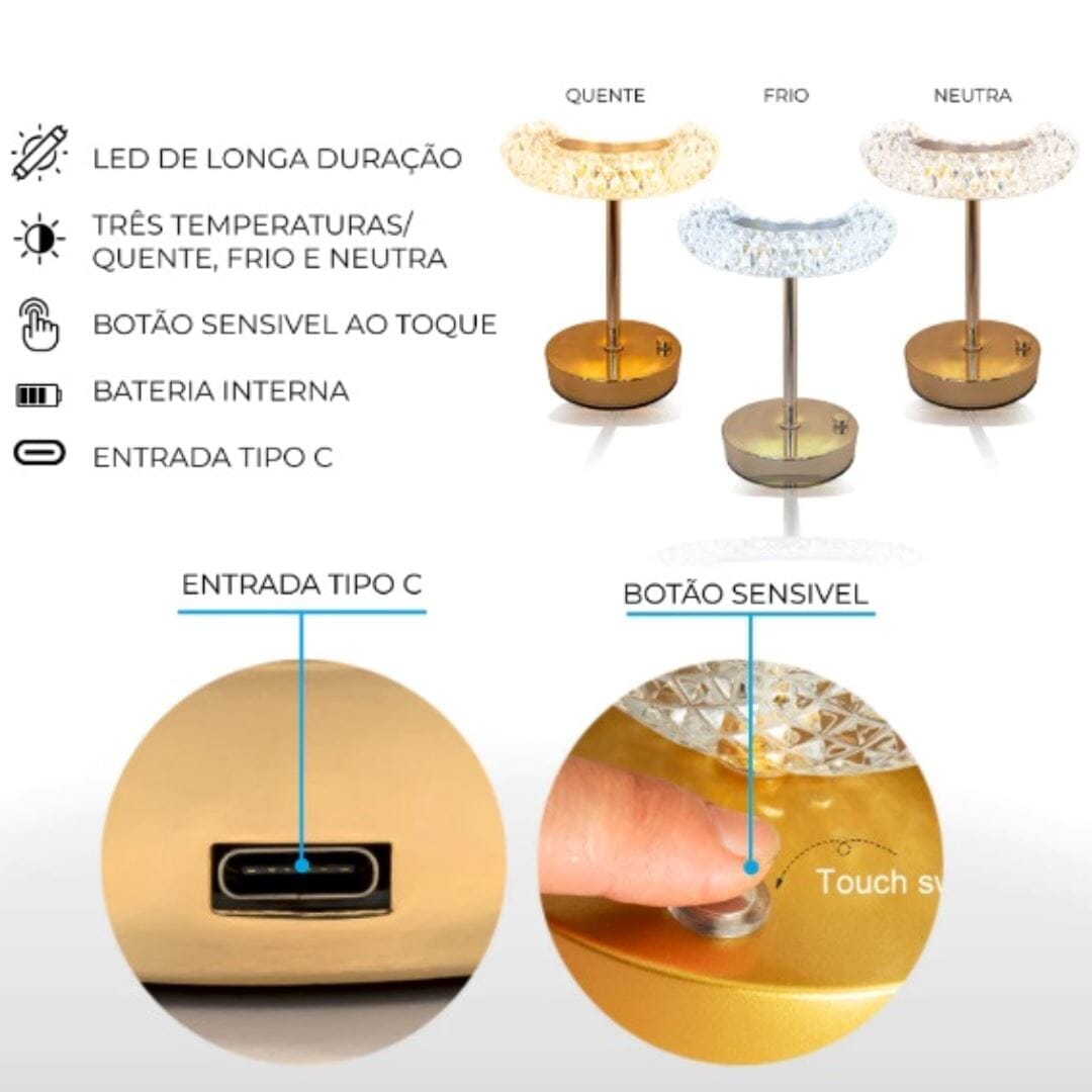 Luminária Abajur de Mesa Móvel Dainty Vintage Recarregável e Sem Fio Conceito 